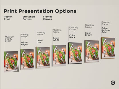 Explore print presentation options for culinary art. Choose from poster prints stretched canvas or framed canvas. Each option highlights miniature chefs creating a taco. Find the perfect art for your style.