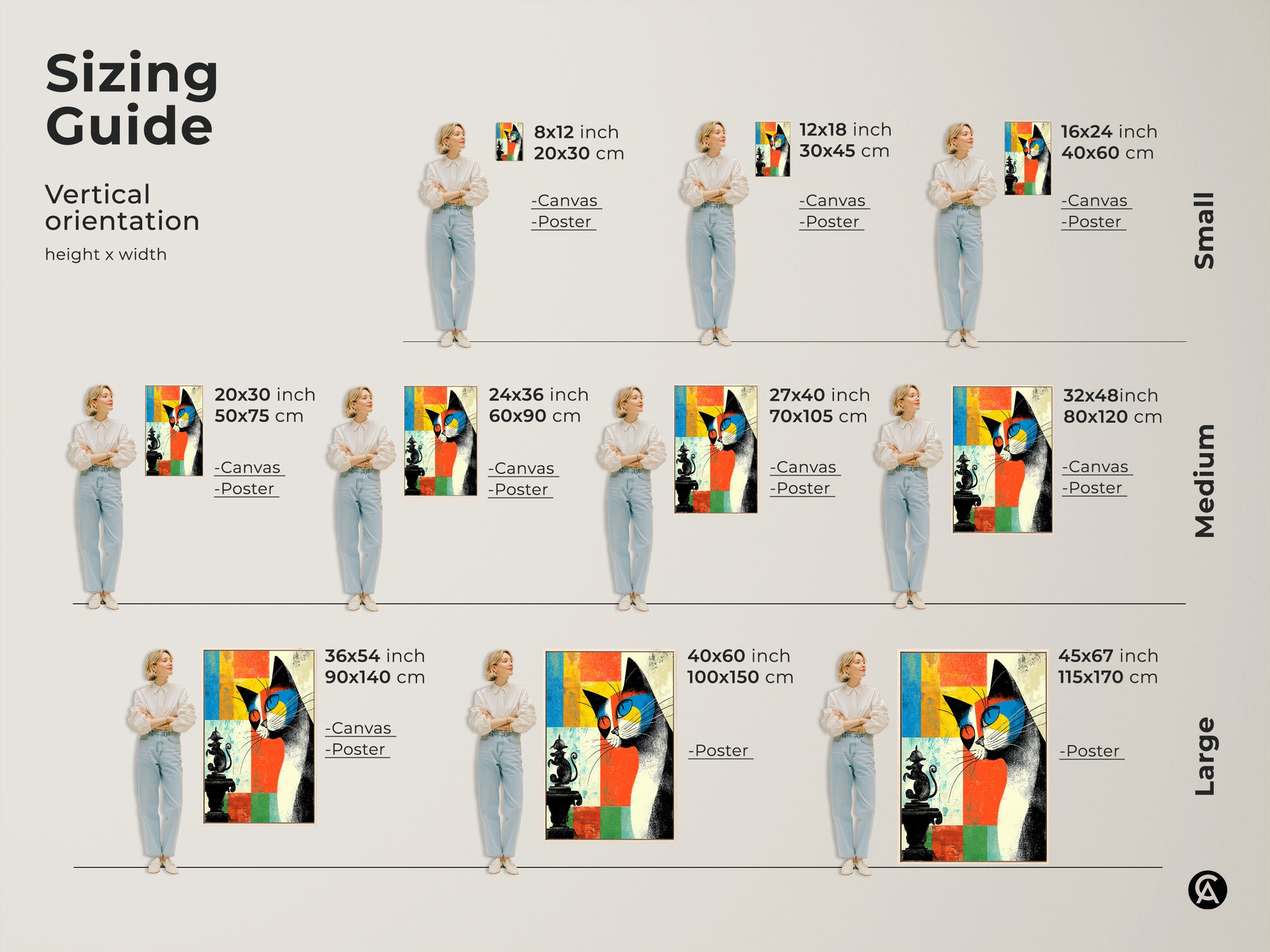 Sizing guide for abstract cat wall art. See how the art fits in different vertical orientations. Available in small medium and large sizes. Perfect for adding a pop of color and style to any room.