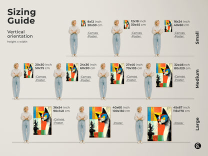 Sizing guide for abstract cat wall art. See how the art fits in different vertical orientations. Available in small medium and large sizes. Perfect for adding a pop of color and style to any room.