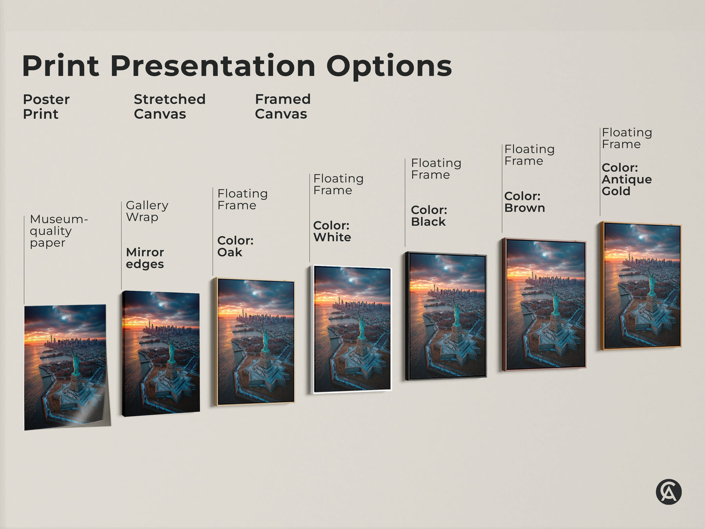 Explore print presentation options. Choose from poster prints stretched canvas or framed canvas. Options include gallery wrap and floating frames in various colors. Find the perfect style to showcase your art.