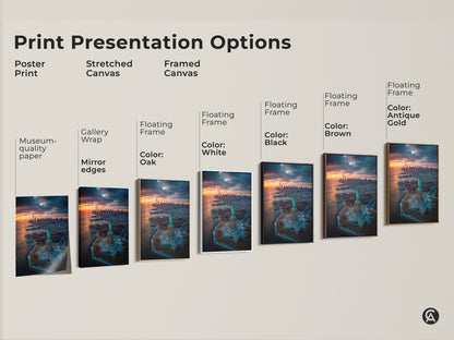 Explore print presentation options. Choose from poster prints stretched canvas or framed canvas. Options include gallery wrap and floating frames in various colors. Find the perfect style to showcase your art.