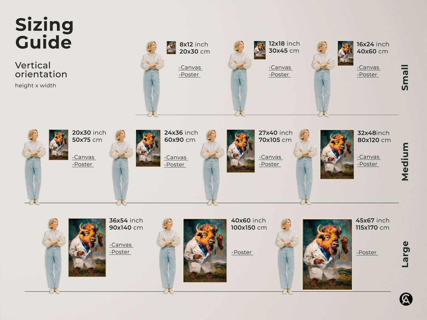 Sizing guide for the buffalo head figure in a lab coat artwork. Available in various sizes from small to large. The artwork is available as canvas or poster. Find the perfect fit for your space with our vertical orientation guide.