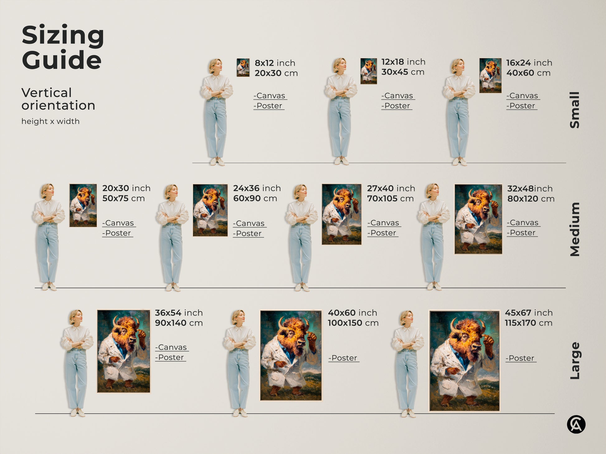 Sizing guide for the buffalo head figure in a lab coat artwork. Available in various sizes from small to large. The artwork is available as canvas or poster. Find the perfect fit for your space with our vertical orientation guide.