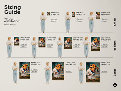 Sizing guide for the buffalo head figure in a lab coat artwork. Available in various sizes from small to large. The artwork is available as canvas or poster. Find the perfect fit for your space with our vertical orientation guide.