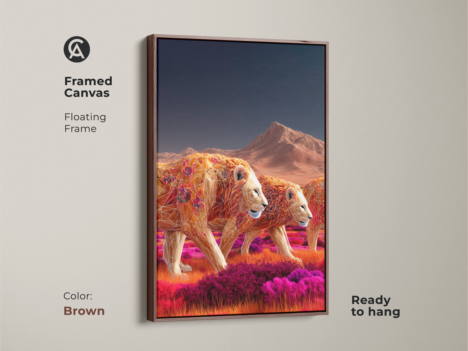 Framed canvas art presenting geometric lions in earthy ochre and tangerine tones. The brown floating frame complements this vibrant savanna landscape print. The artwork is ready to hang. Add a touch of nature to your home with this unique animal wall decor. It's ideal for boho-style interiors.