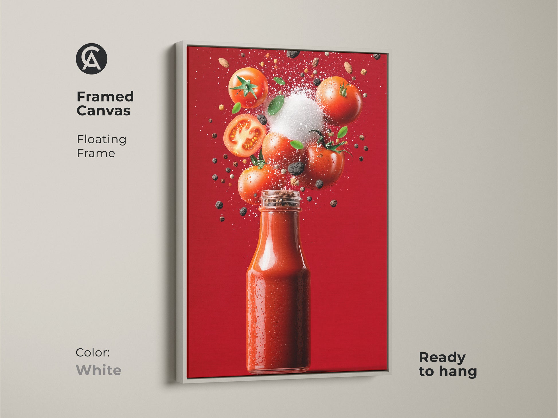 Framed canvas with floating frame showcasing a Tomato Ketchup Still Life. The artwork is of a ketchup bottle and fresh tomatoes. The frame color is white. This piece is ready to hang and enjoy.