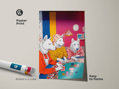 This poster print shows an illustrative art of dogs playing poker. The art is rolled in a tube and easy to frame. It is a whimsical piece for eclectic decor. Add some color to your space with this art.