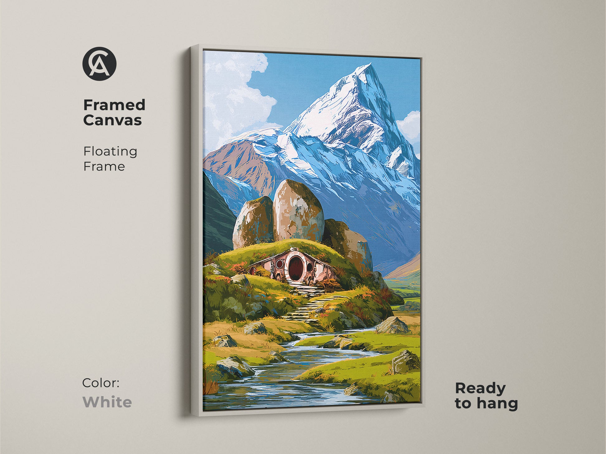 White framed canvas print featuring a hobbit home. The fantasy nature landscape includes a snowy mountain. This illustrative art brings a touch of whimsy to any space. A perfect gift for fantasy fans.