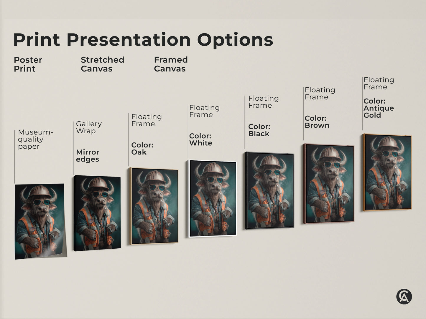 This image shows print presentation options for a surrealist buffalo construction worker art print. Options include a poster print stretched canvas and framed canvas. The framed canvas has multiple color options. There is black brown oak antique gold and white. The animal-themed artwork will add workplace personality to any space.