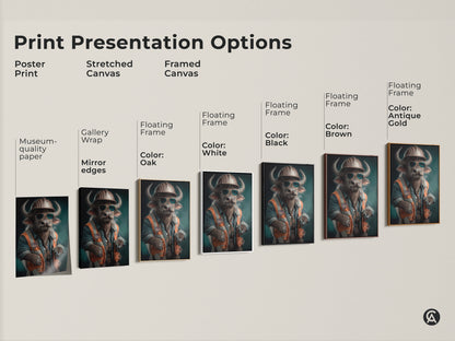 This image shows print presentation options for a surrealist buffalo construction worker art print. Options include a poster print stretched canvas and framed canvas. The framed canvas has multiple color options. There is black brown oak antique gold and white. The animal-themed artwork will add workplace personality to any space.