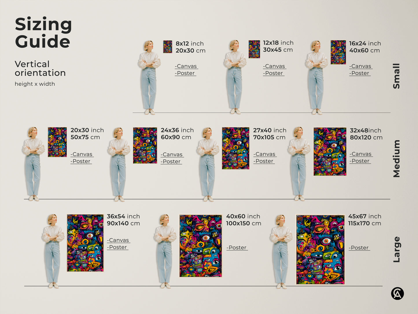 Sizing Guide for Graffiti Pop Art. This vertical orientation guide shows canvas and poster sizes. Find the perfect fit for your space. Small medium and large sizes are available. Shop now and transform your home!