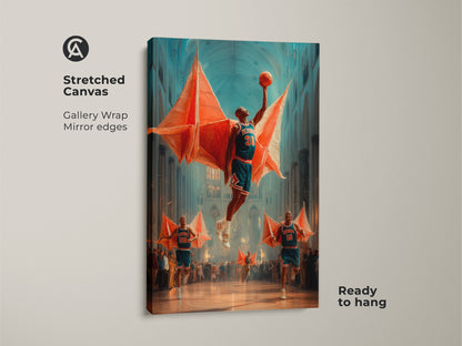 The stretched canvas showcases a surreal basketball player dunking in a cathedral. The gallery wrap with mirror edges enhances the orange teal blue artwork. Perfect eclectic sports decor for any room. This dunking player cathedral art adds a unique touch. It is ready to hang.