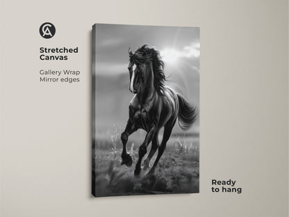 A stunning stretched canvas print featuring a black and white horse. The horse is running. Gallery wrapped with mirrored edges it comes ready to hang. A striking piece of animal art for your home or office.