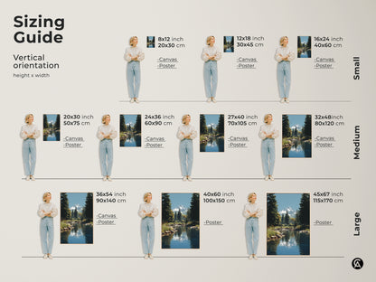 Sizing guide for vertical orientation mountain river landscape canvas and poster prints. Available in small medium and large sizes to fit any space. Perfect for creating bedroom landscape decor or as a housewarming gift for outdoor enthusiasts.