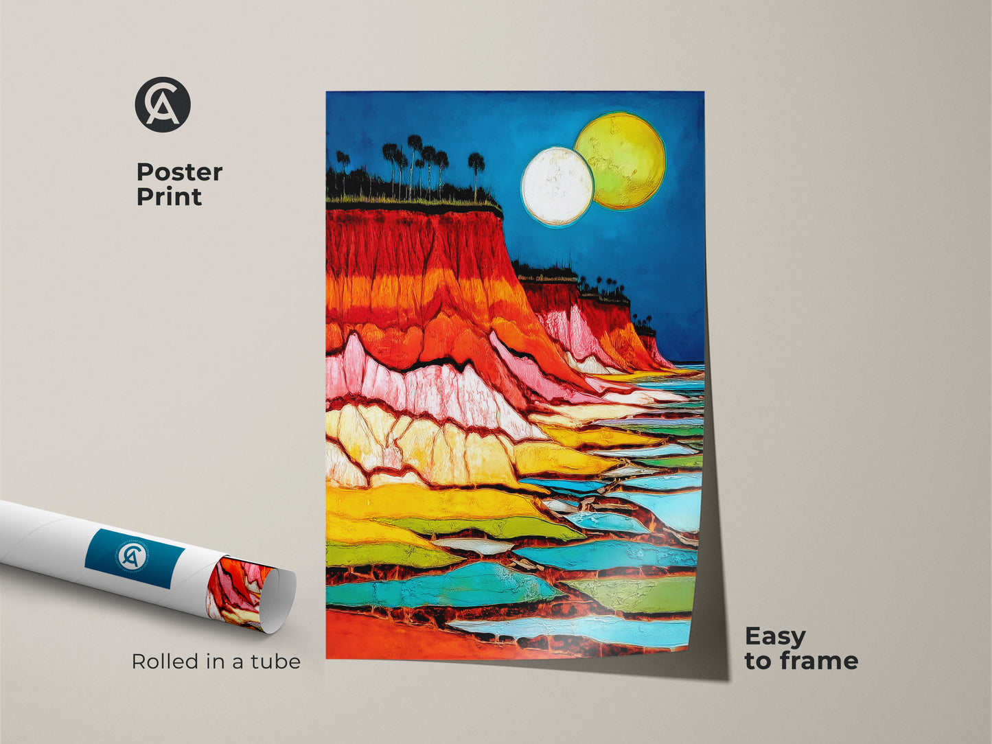Abstract cliff art print showcases a textured moon over a landscape canvas. This vibrant crimson red and azure blue artwork enhances any wall. This poster print ships rolled in a tube. Its nature abstract art makes an excellent eclectic travel decor. Buy it as a unique housewarming gift idea.