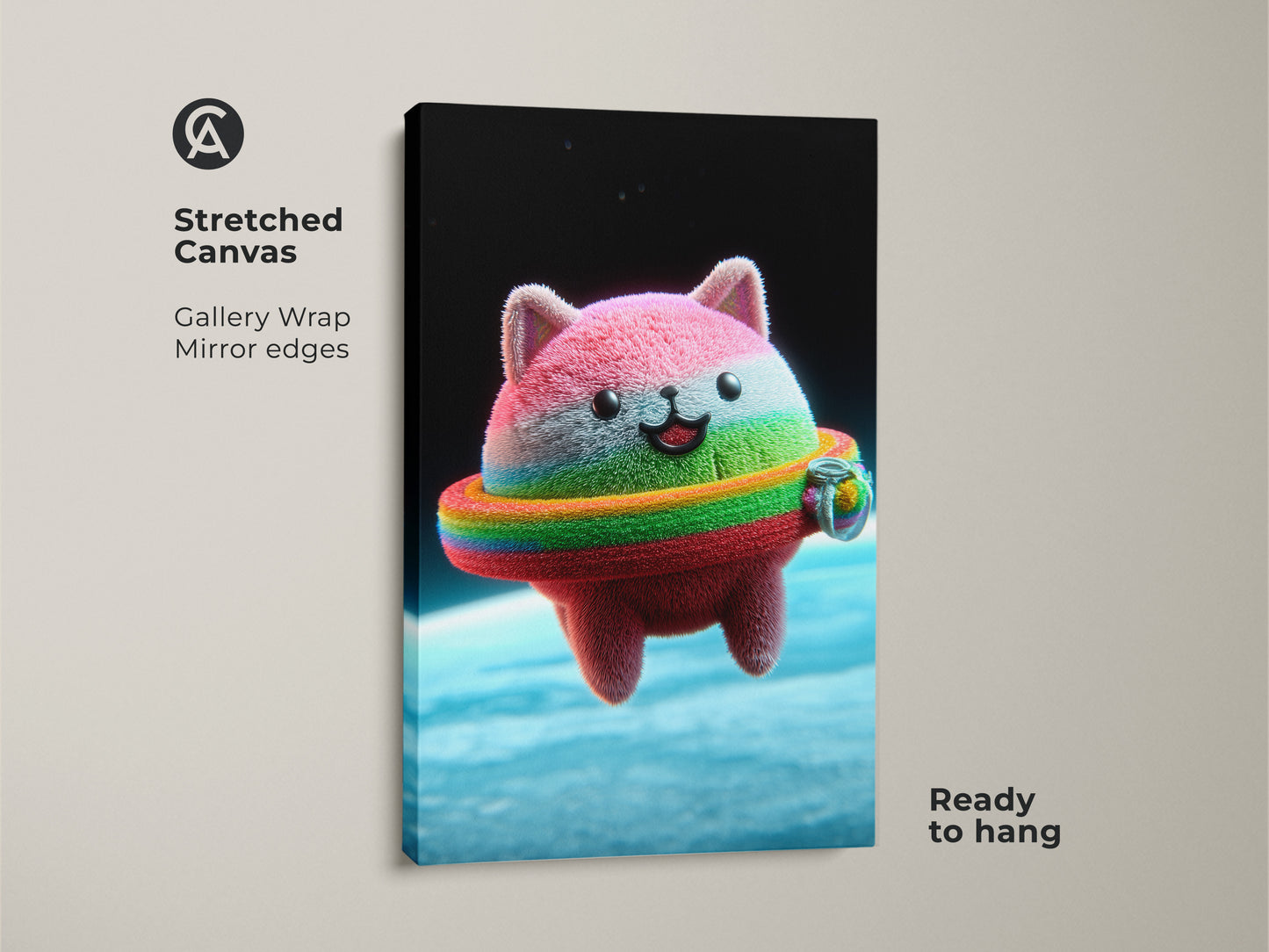 This is a stretched canvas gallery wrap of a Kawaii Cat Astronaut. The rainbow ring kitty print adds playful charm to any space. The pink orange and blue space art is ready to hang. It's a unique kids room decor and a thoughtful cat lover gift.  The mirror edges enhance the artwork.