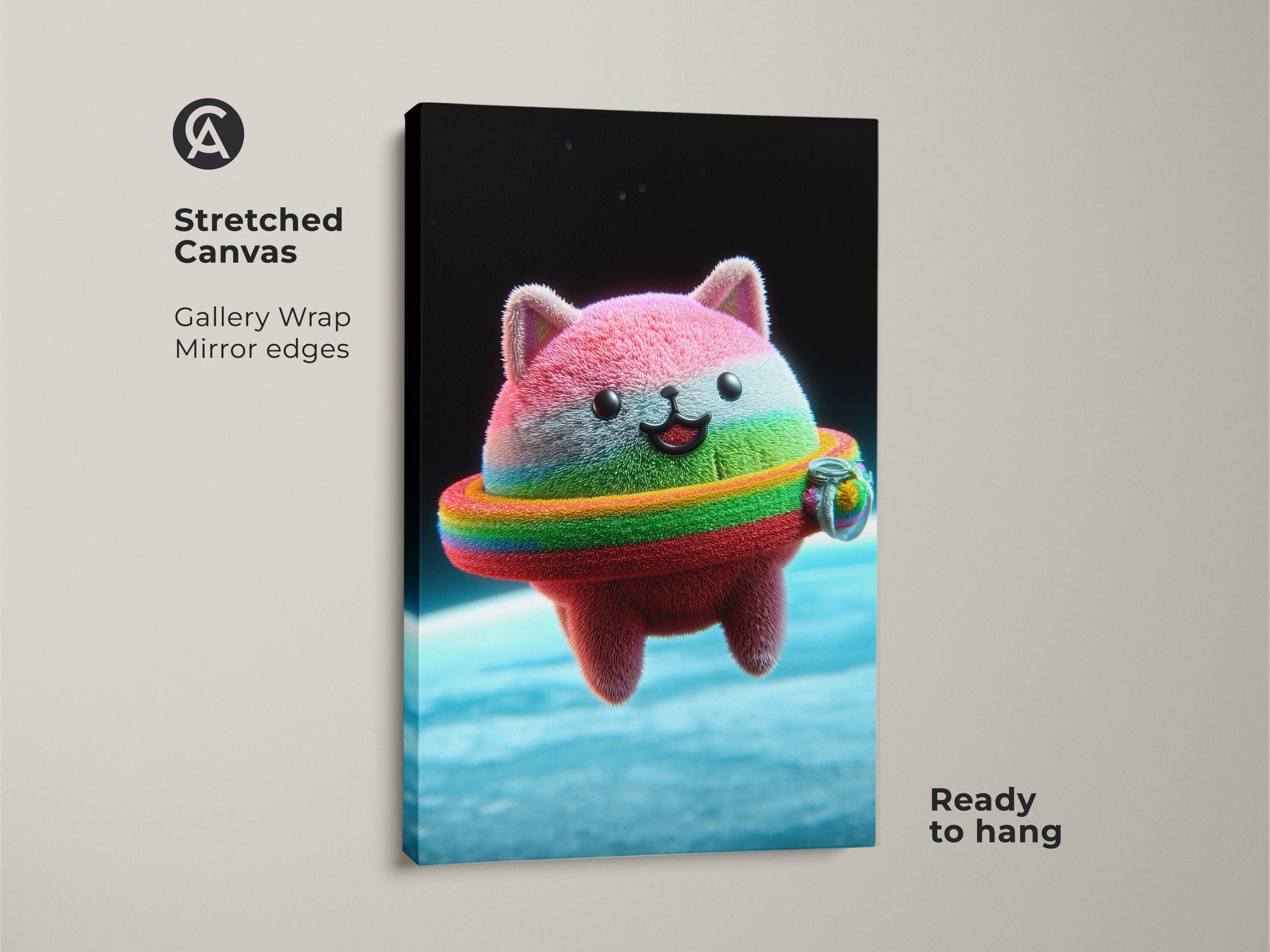 This is a stretched canvas gallery wrap of a Kawaii Cat Astronaut. The rainbow ring kitty print adds playful charm to any space. The pink orange and blue space art is ready to hang. It's a unique kids room decor and a thoughtful cat lover gift.  The mirror edges enhance the artwork.