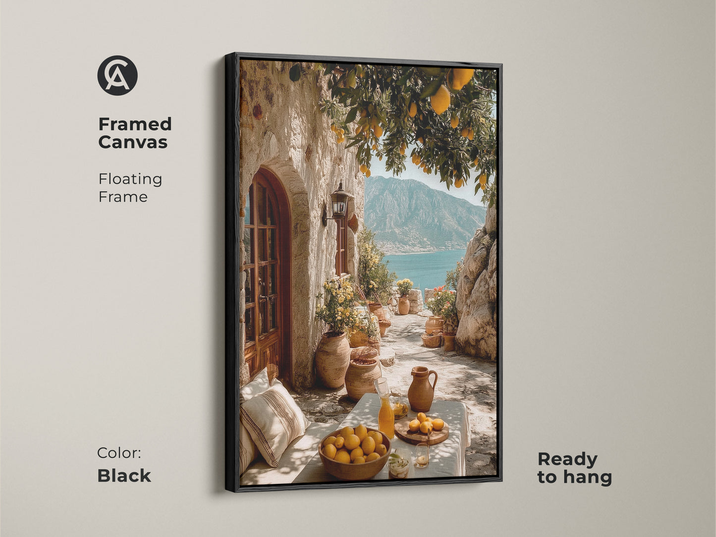 Framed Canvas showcasing Mediterranean Lemon Tree artwork in a black floating frame. The artwork features a coastal village with lemons and a blue sea view. Ready to hang dining room coastal decor.
