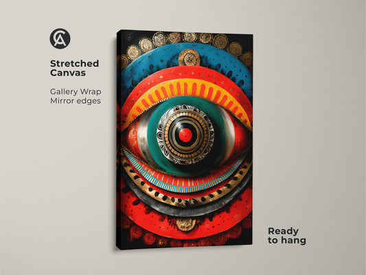 Stretched canvas of boho abstract eye art. It features a tribal mandala canvas print. The red teal gold spiritual art is ready to hang and will enhance any bohemian entryway decor.
