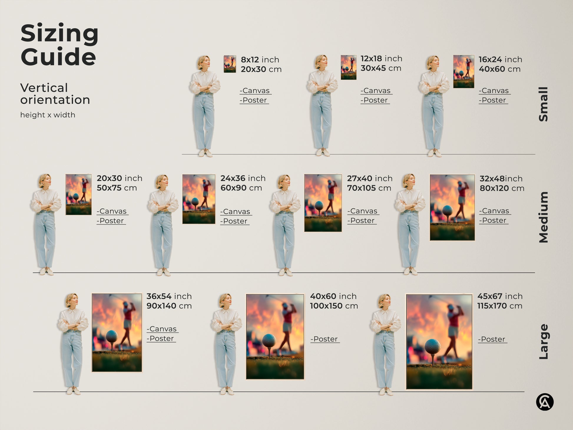 Sizing guide for woman golfer art prints. Visualize artwork dimensions from small to large. Available as canvas or poster. Find the perfect size to fit your space and preferences. Transform your walls with stunning golf art.