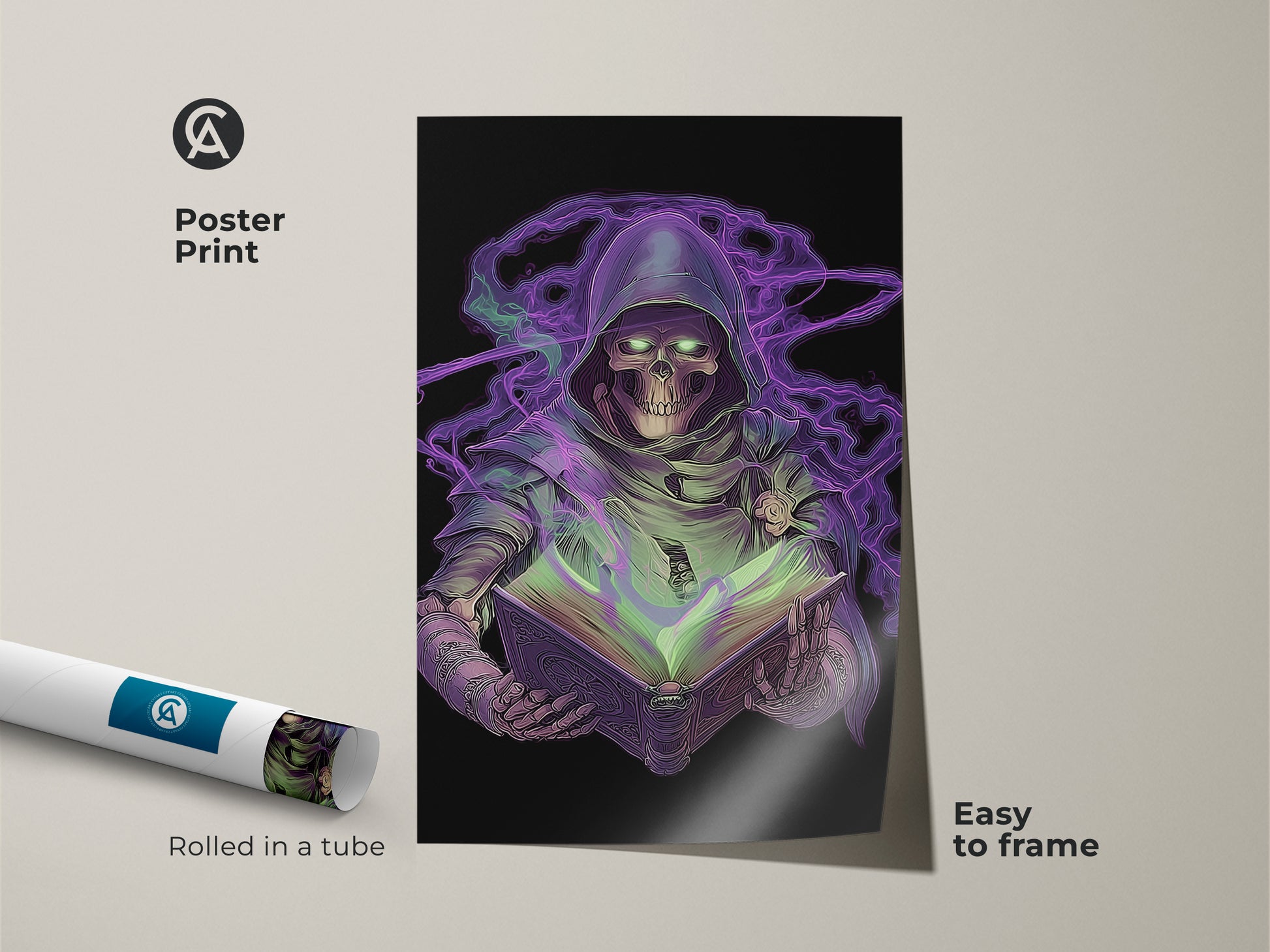 Poster print of a neon purple Grim Reaper. The gothic skeleton art features a spellbook. Easy to frame this dark fantasy wall art. Rolled in a tube for secure delivery. Ideal gamer gift wall decor for spooky season