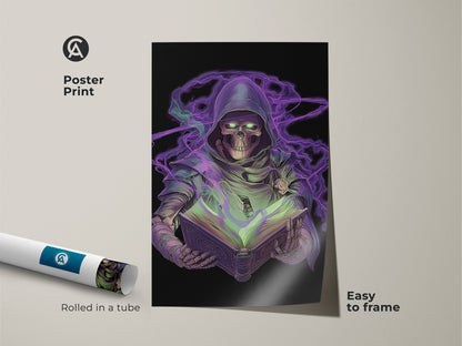 Poster print of a neon purple Grim Reaper. The gothic skeleton art features a spellbook. Easy to frame this dark fantasy wall art. Rolled in a tube for secure delivery. Ideal gamer gift wall decor for spooky season