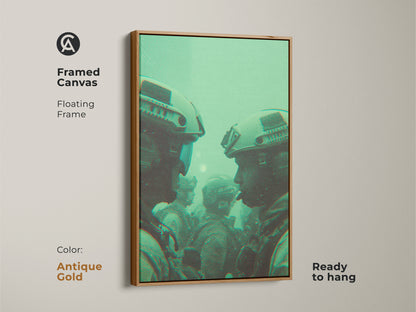 Framed canvas artwork of soldiers wearing helmets in antique gold floating frame. The green toned military art is ready to hang. Elevate your home decor with this unique piece. Shop framed art today