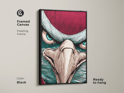 This framed eagle canvas is ready to hang. The crimson teal bird art features a floating black frame. The pop art artwork is a close-up. The bold comic style makes it a unique animal print. This office animal artwork is eclectic.