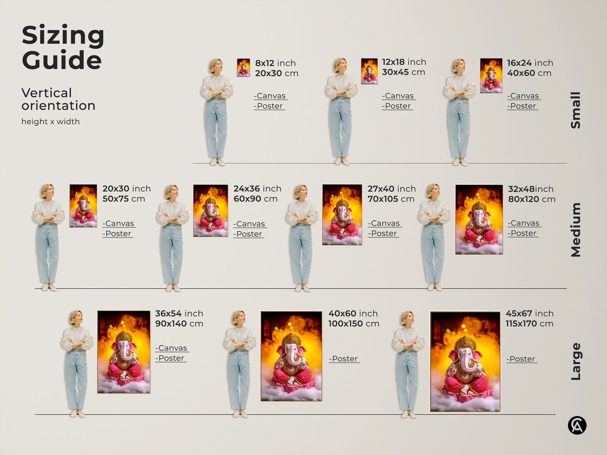 Sizing guide for Pink Gold Ganesha artwork. Vertical orientation canvas and poster options are shown in small medium and large sizes. This spiritual lotus wall decor fits any space. Find the perfect Hindu mythology canvas for your home office or meditation room. Eclectic wall art decor guide.