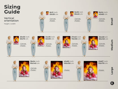 Sizing guide for Pink Gold Ganesha artwork. Vertical orientation canvas and poster options are shown in small medium and large sizes. This spiritual lotus wall decor fits any space. Find the perfect Hindu mythology canvas for your home office or meditation room. Eclectic wall art decor guide.