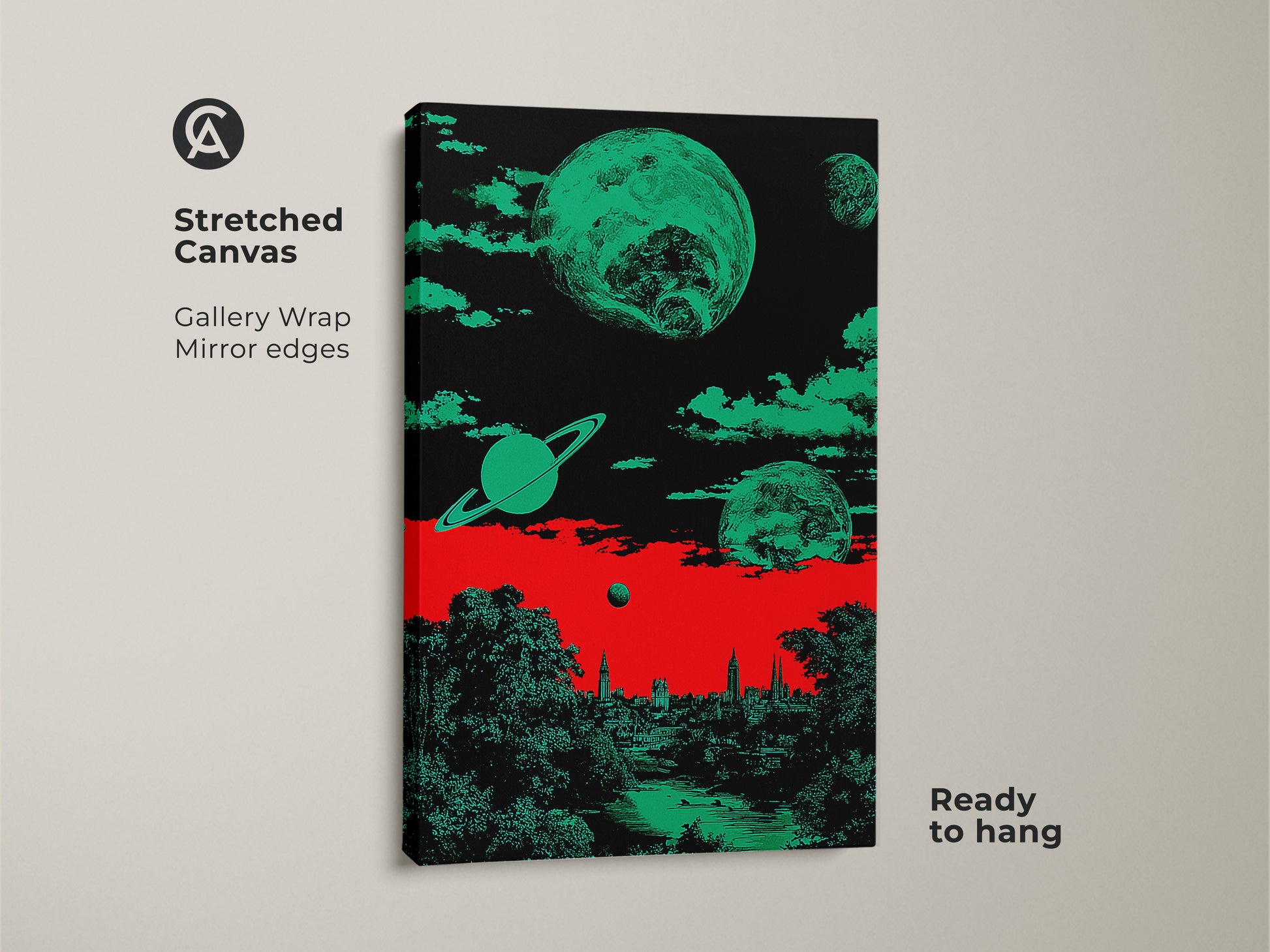 Stretched canvas art print featuring a retro futurism surreal space cityscape. Planets and Saturn float above a cityscape and nature scene. The color scheme includes red green and black shades. The gallery wrap and mirror edges add a modern touch.