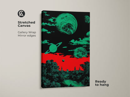 Stretched canvas art print featuring a retro futurism surreal space cityscape. Planets and Saturn float above a cityscape and nature scene. The color scheme includes red green and black shades. The gallery wrap and mirror edges add a modern touch.