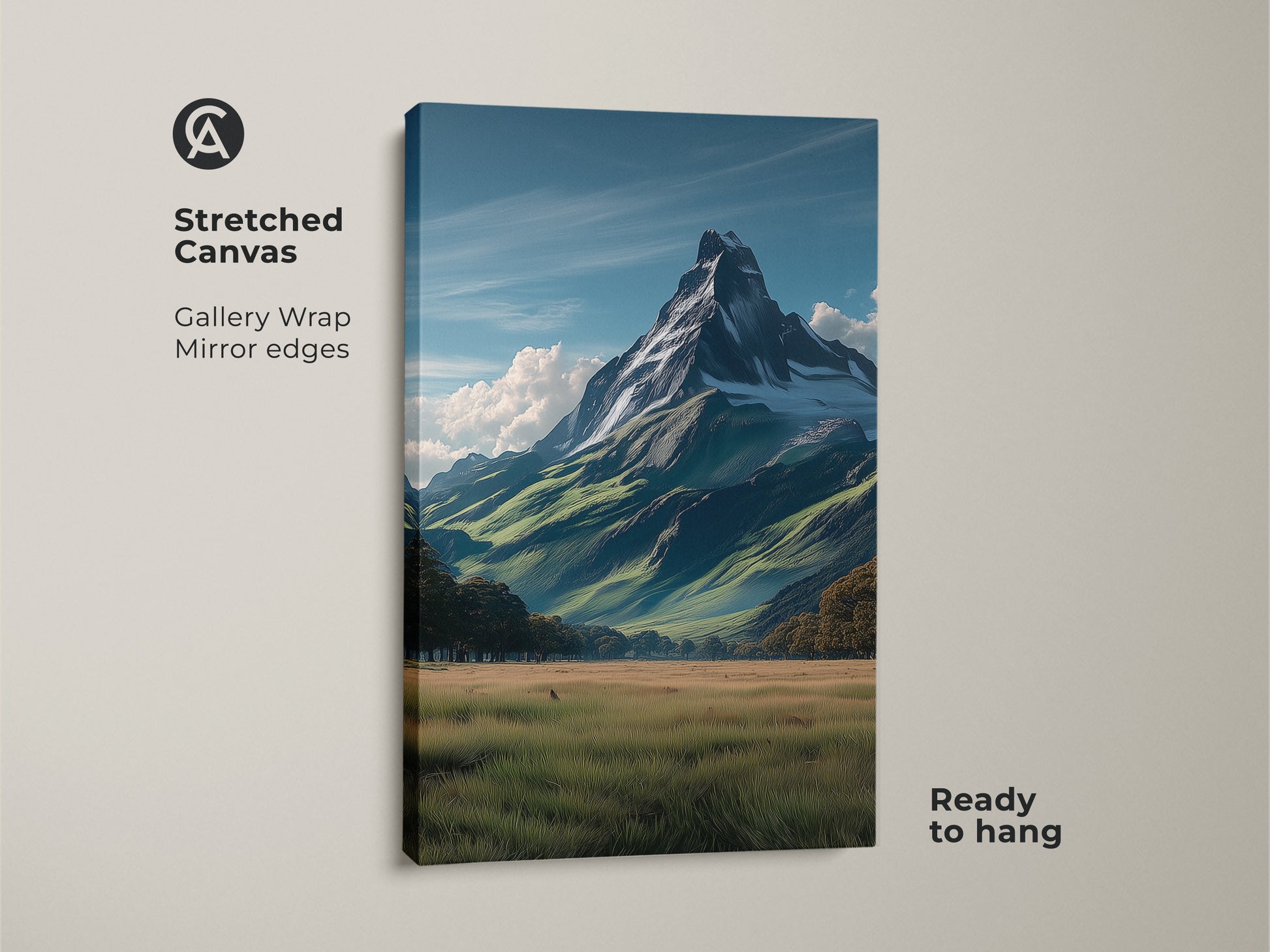 Stretched canvas print showcasing a realistic snowy mountain peak. It features a nature outdoor adventure decor theme. The gallery wrap with mirror edges is ready to hang ideal for adding a touch of the alpine landscape to any space.