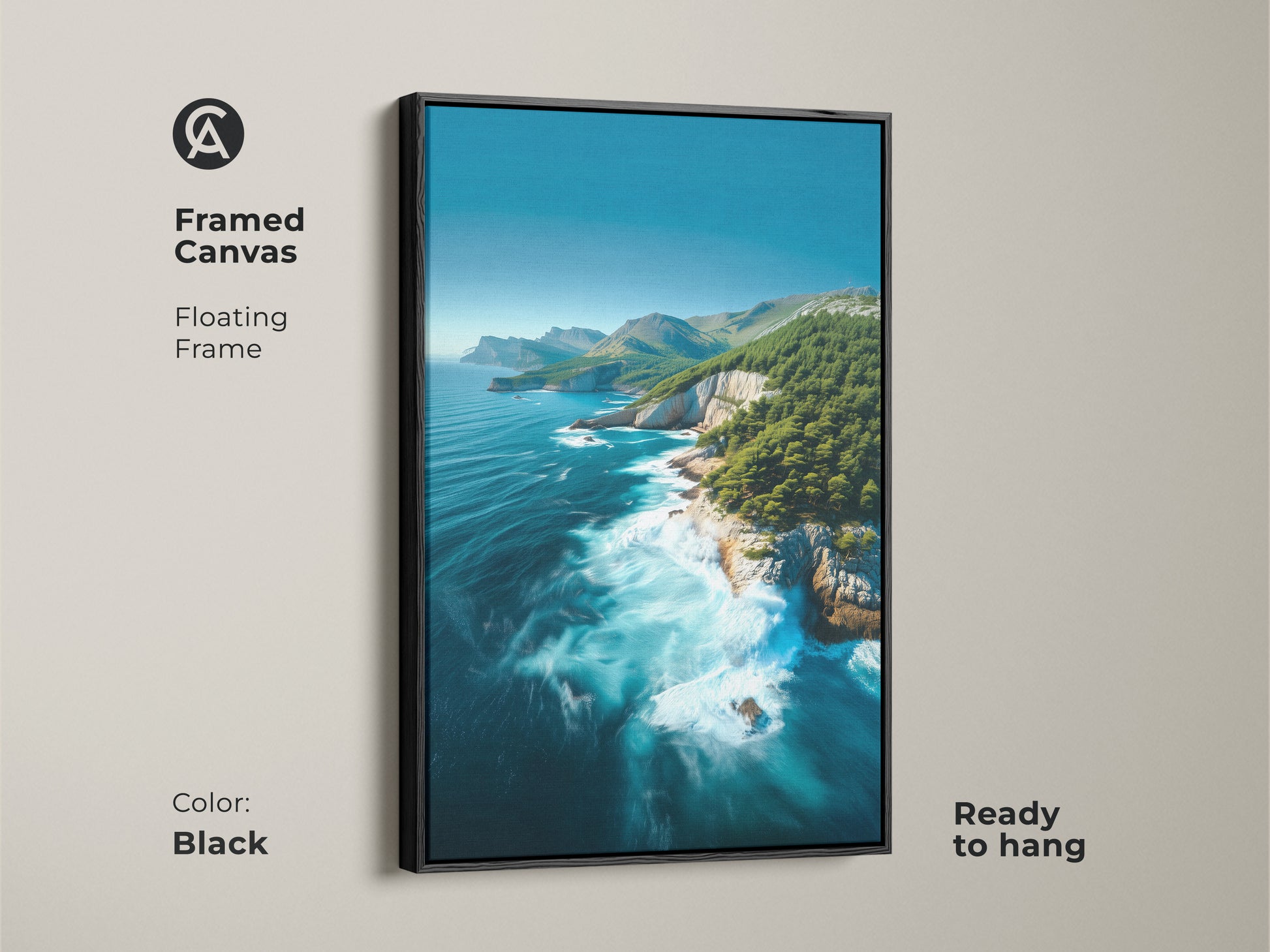 Brown framed Coastal Cliff Canvas. Features turquoise ocean waves and pine trees. Ready to hang nature seascape artwork. Perfect for coastal bedroom wall decor. A serene ocean view print.