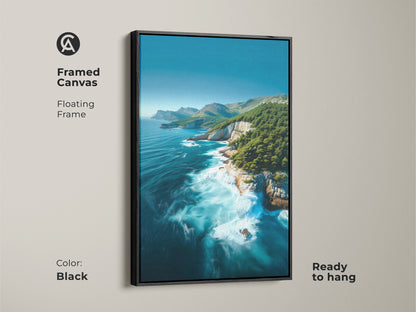 Brown framed Coastal Cliff Canvas. Features turquoise ocean waves and pine trees. Ready to hang nature seascape artwork. Perfect for coastal bedroom wall decor. A serene ocean view print.