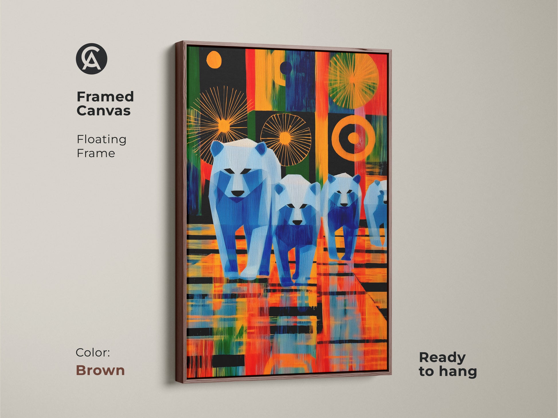 A framed canvas with a brown floating frame showcasing a geometric polar bear family. This contemporary artwork features abstract teal orange and blue hues. Perfect for adding a modern touch to any room. A unique gift idea for animal lovers or a housewarming.