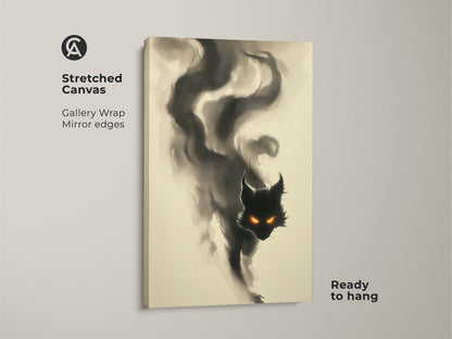 Stretched canvas print featuring a smoky black cat with intense orange eyes. The gallery wrap and mirror edges give it a modern look. This unique cat artwork is ready to hang and enjoy.
