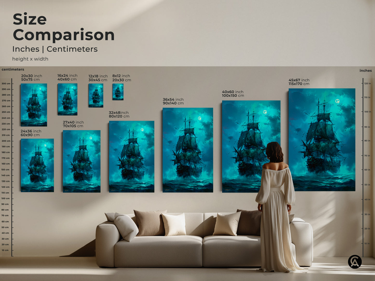 Size comparison of pirate ship artwork. See how different sizes fit in a living room setting. Options available from 8x12 to 45x67 inches. Perfect for any space. Choose canvas or poster prints. Find the ideal size for your wall art needs