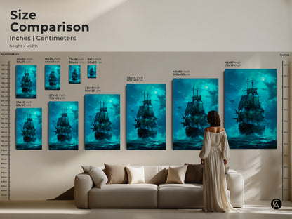Size comparison of pirate ship artwork. See how different sizes fit in a living room setting. Options available from 8x12 to 45x67 inches. Perfect for any space. Choose canvas or poster prints. Find the ideal size for your wall art needs