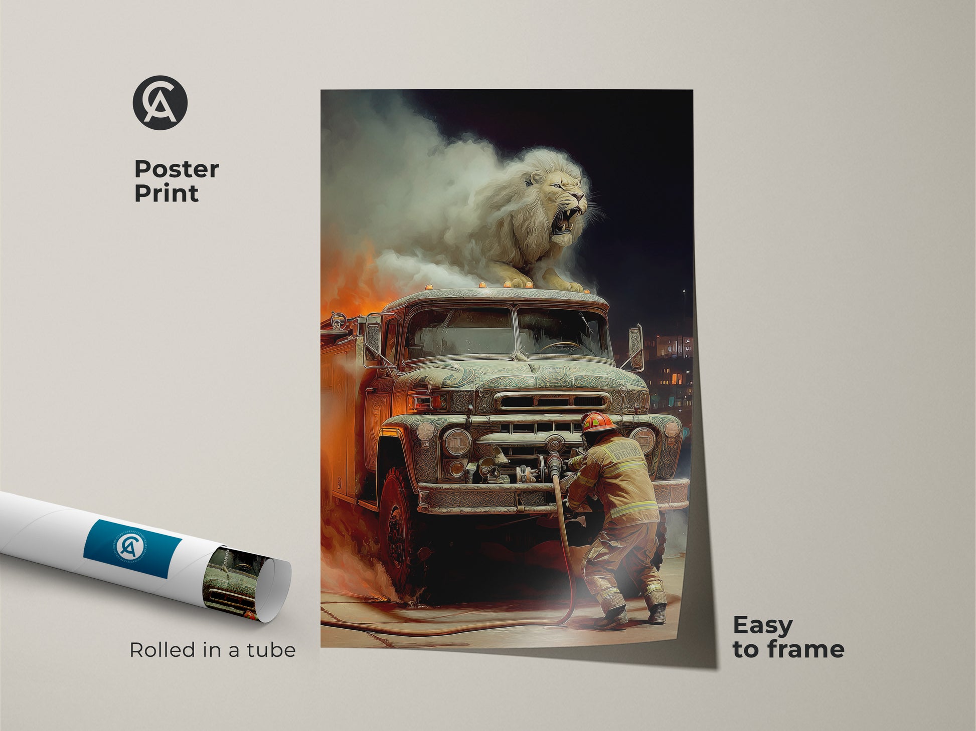 Poster print showcases a surreal lion artwork atop a vintage fire truck. The artwork features a firefighter and smoke. Easy to frame. Rolled in a tube. This animal fantasy art print is ideal for adding dramatic flair to any room. A unique gift for him.