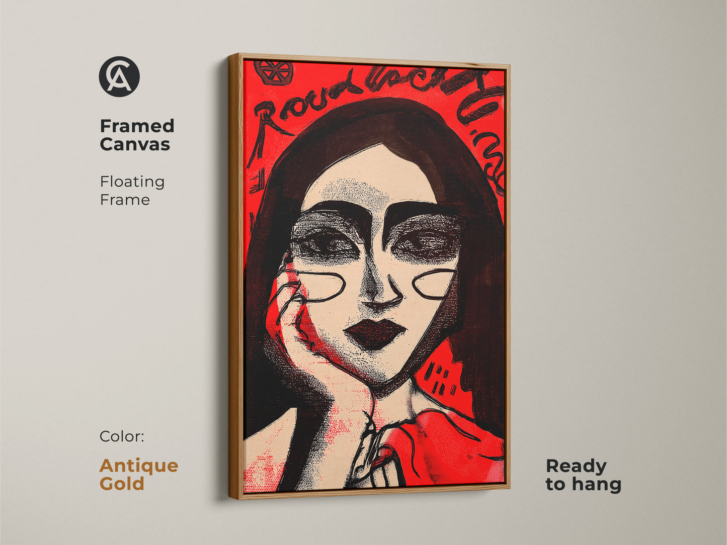 Framed canvas art with a floating frame in antique gold. This modern portrait of a woman is ready to hang. The red and black ink artwork adds a bold statement to your wall decor. Perfect for contemporary art lovers.