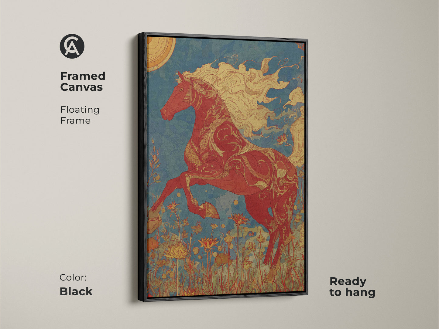 Framed canvas art print featuring a red horse in an art nouveau style. The floating frame adds a modern touch. Ready to hang and perfect for equestrian decor. Black frame that complements the teal blue sky and nature.