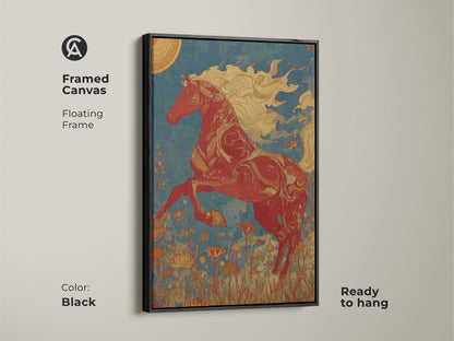 Framed canvas art print featuring a red horse in an art nouveau style. The floating frame adds a modern touch. Ready to hang and perfect for equestrian decor. Black frame that complements the teal blue sky and nature.