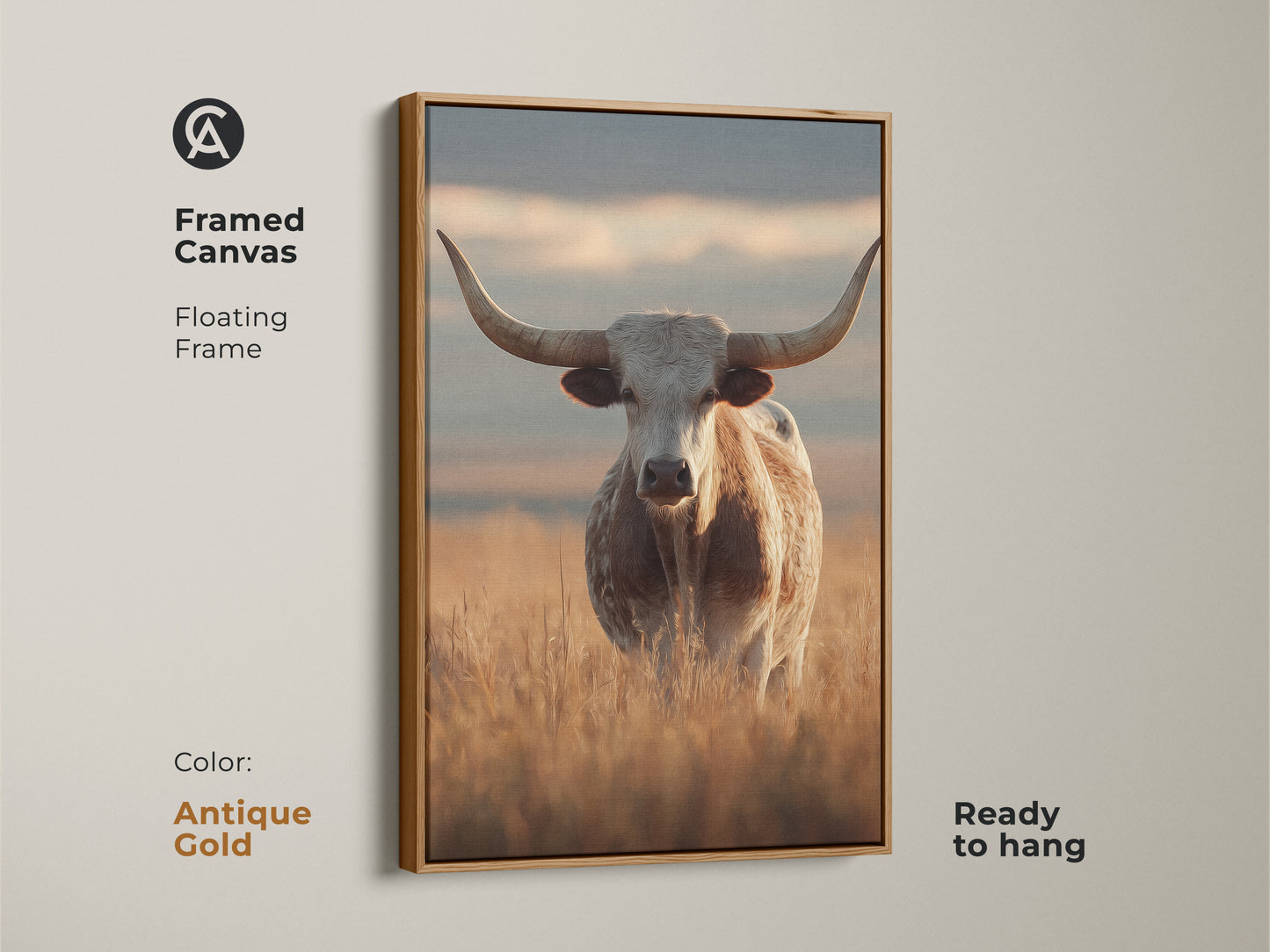 Photorealistic longhorn cattle artwork with an antique gold floating frame. This framed canvas print brings rustic charm to any dining room wall. A goldenrod and beige farmhouse art piece ready to display.