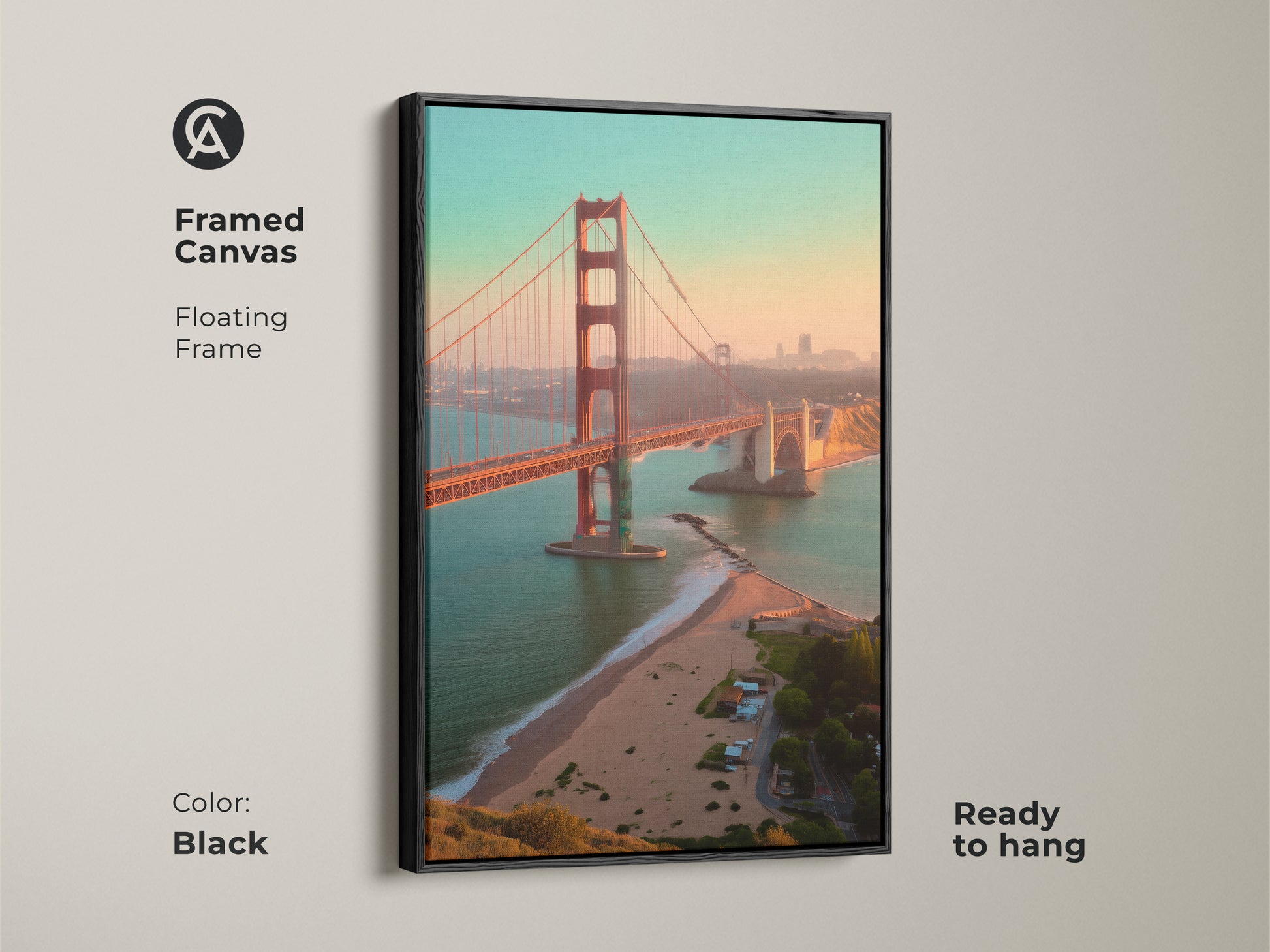 Framed canvas art of the Golden Gate Bridge with a black floating frame. Ready to hang contemporary landscape photography. San Francisco skyline print is perfect office wall decor.