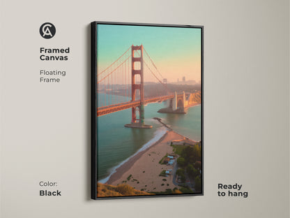 Framed canvas art of the Golden Gate Bridge with a black floating frame. Ready to hang contemporary landscape photography. San Francisco skyline print is perfect office wall decor.