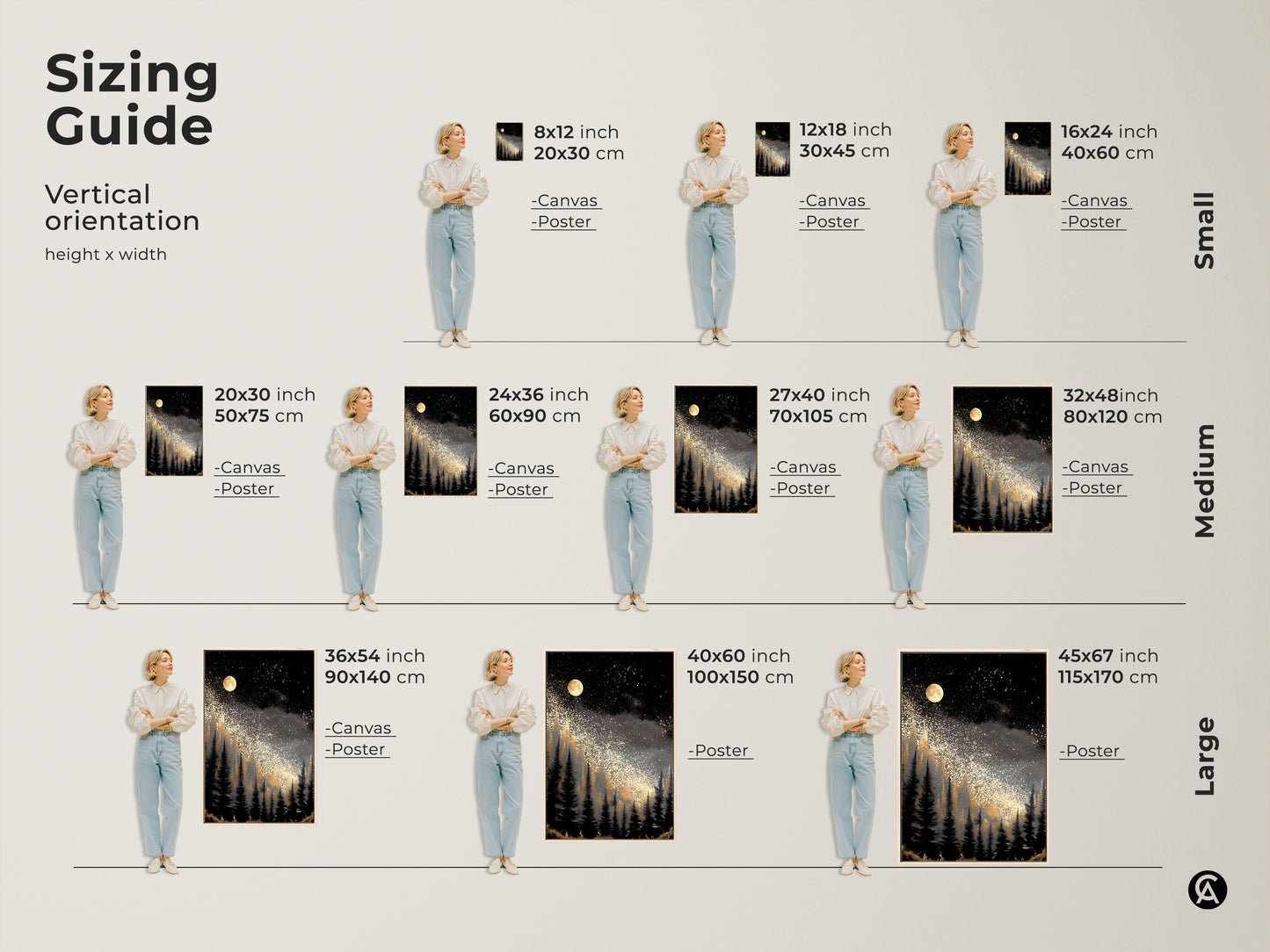 Explore the sizing guide for abstract night sky wall art. View vertical orientations for canvas and poster options. See small medium and large sizes to fit any space perfectly.