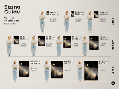 Explore the sizing guide for abstract night sky wall art. View vertical orientations for canvas and poster options. See small medium and large sizes to fit any space perfectly.