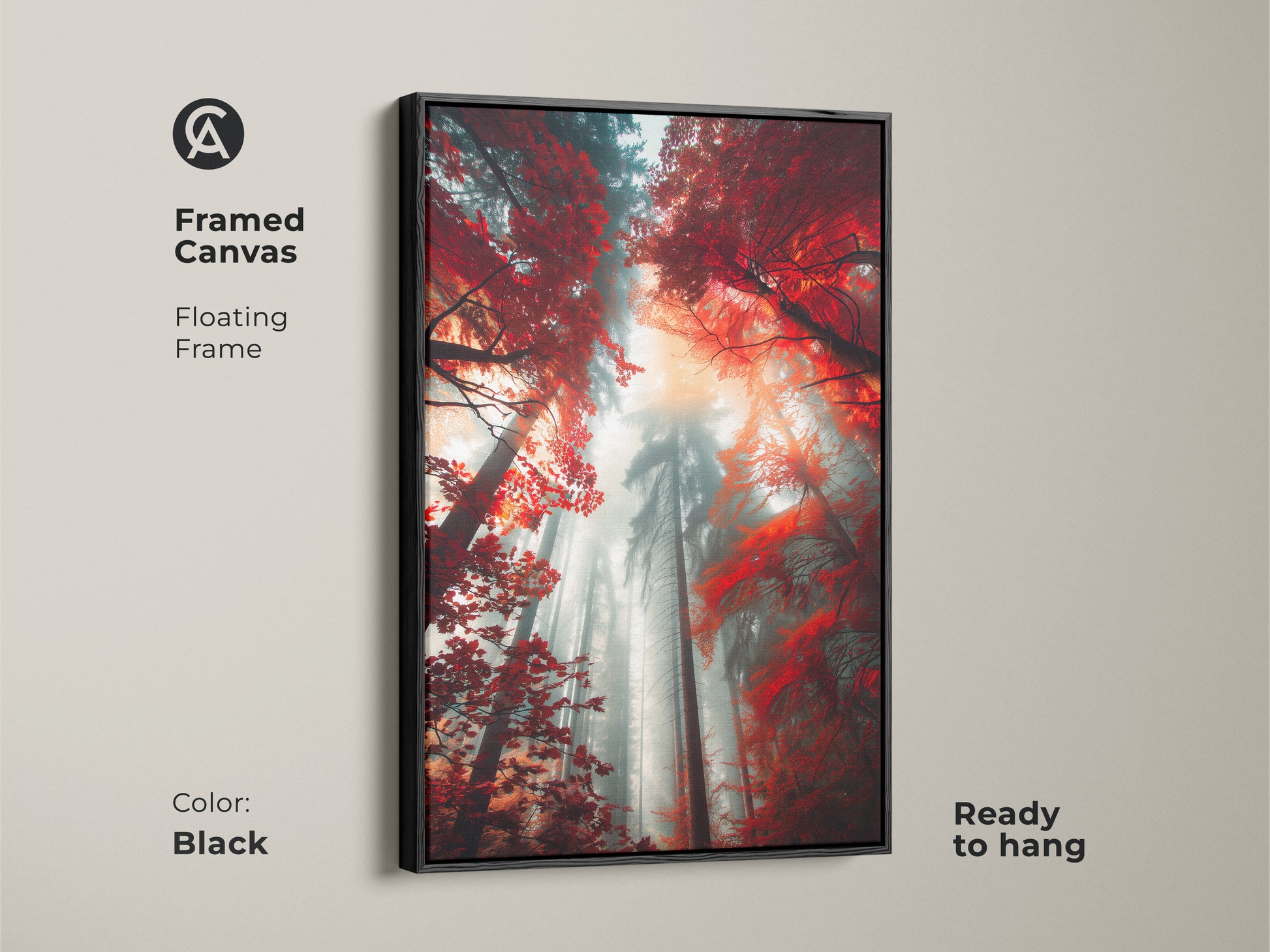 Framed canvas art print with a floating frame. The artwork shows a misty forest with red leaves. The black frame enhances the colors and adds a touch of sophistication. This ready-to-hang piece brings nature-inspired art to your home.
