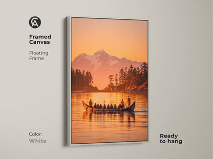 Framed canvas artwork presenting a canoe ride on a tranquil lake. The artwork features a mountain and forest in the distance. The piece is framed with a clean white floating frame. This ready-to-hang wall art offers a fresh and calming aesthetic.